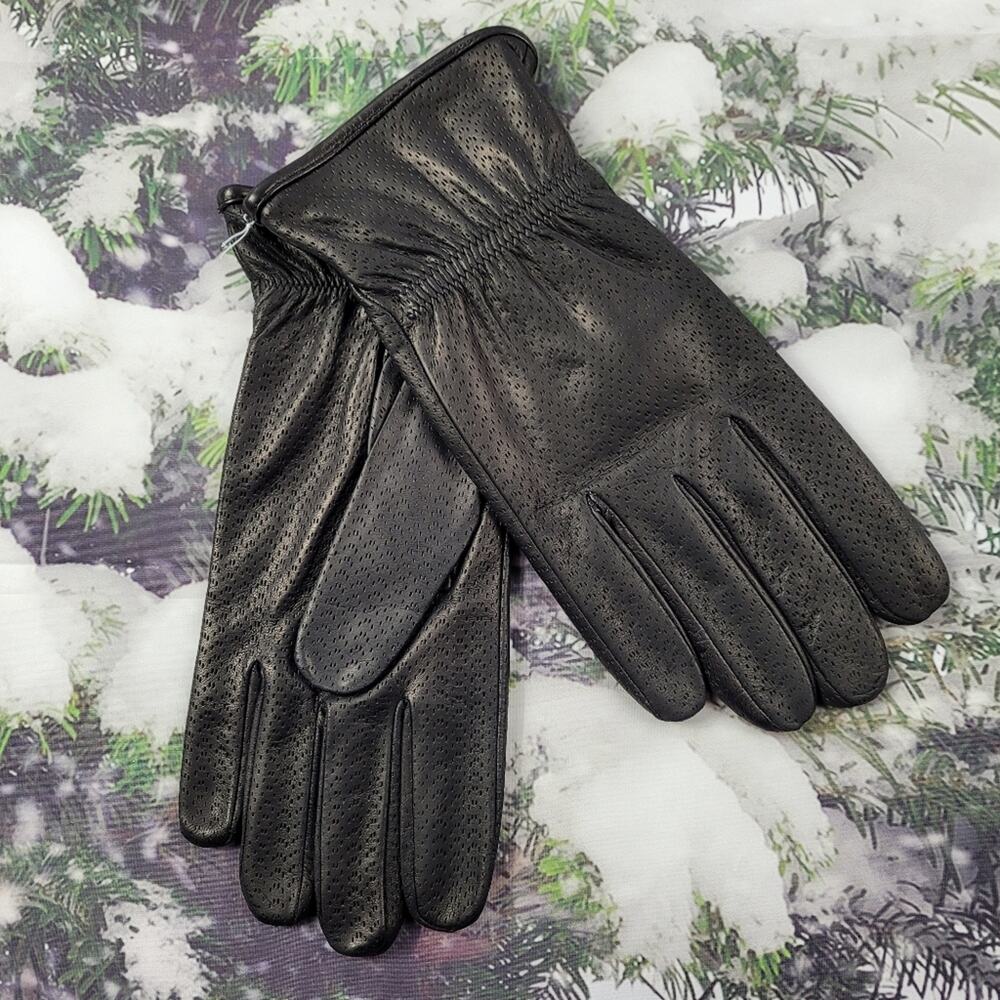NWT Portolano Perforated Black Leather Wool Lined Gloves size Large